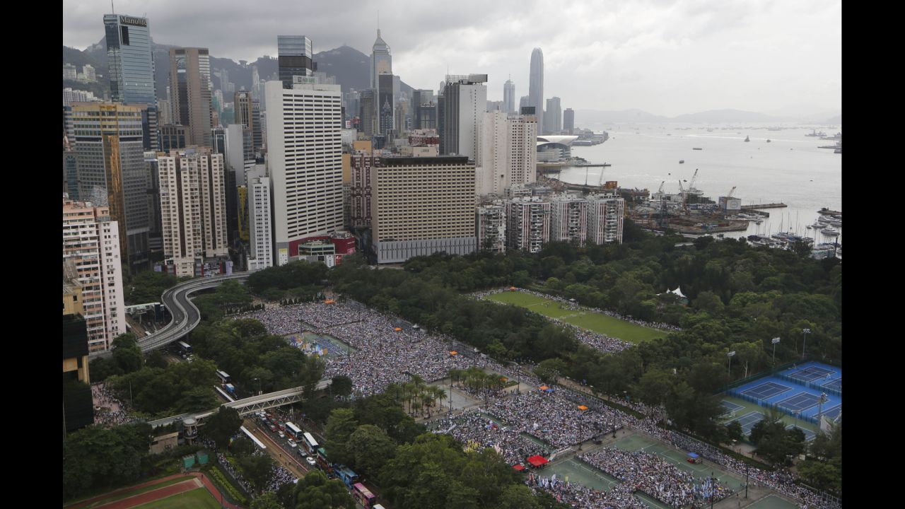 Tens of thousands of people gathered in Hong Kong's Victoria Park before the march begins.