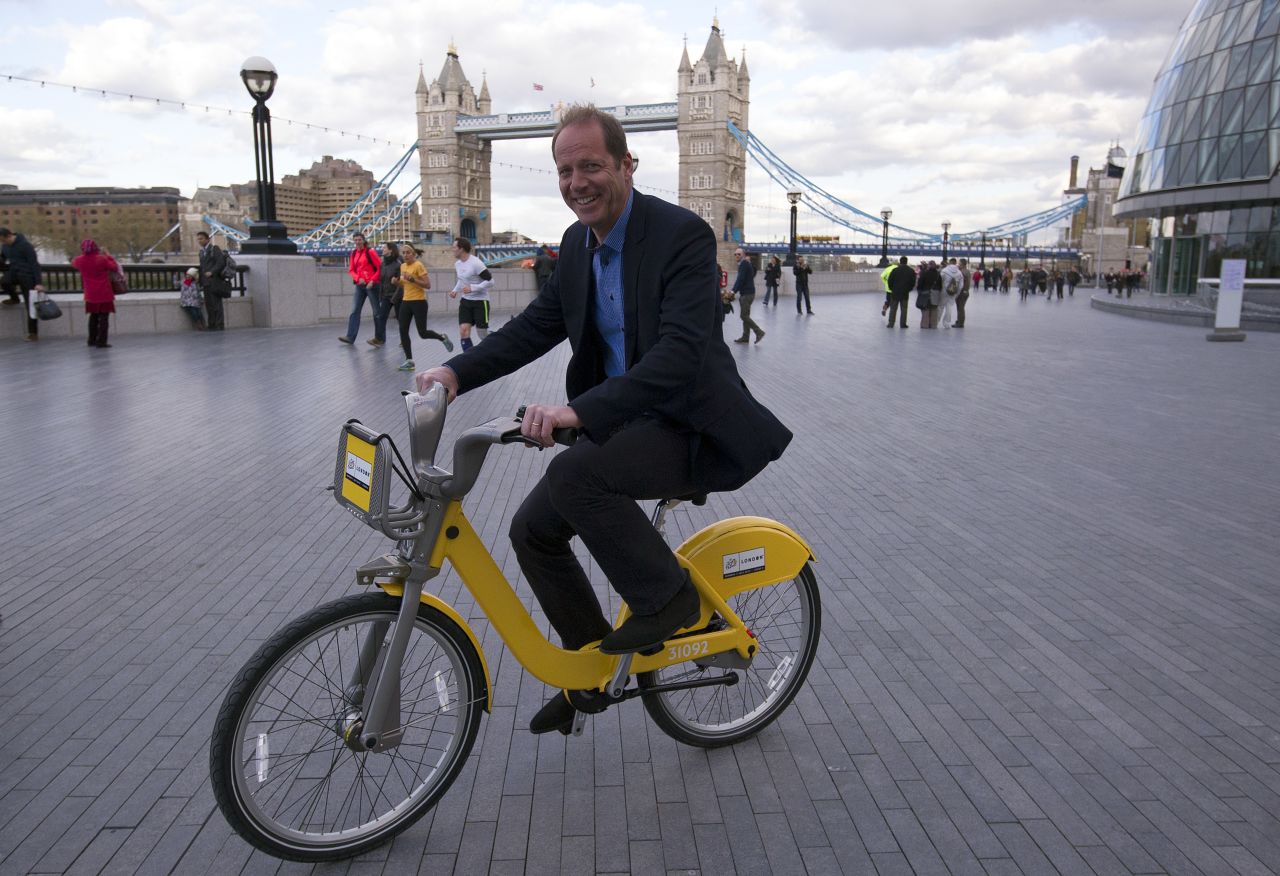 Christian Prudhomme, director of the Tour de France, rides one of the 101 specially designed bikes that have been put into circulation to celebrate the Tour coming to England. 
