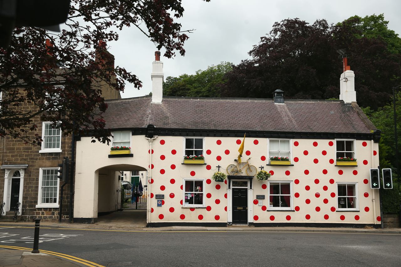A pub in Yorkshire is decorated in King of the Mountains polka dots. The polka dots refer to the leader of the mountains competition as they wear a distinctive polka dot jersey throughout the competition. 