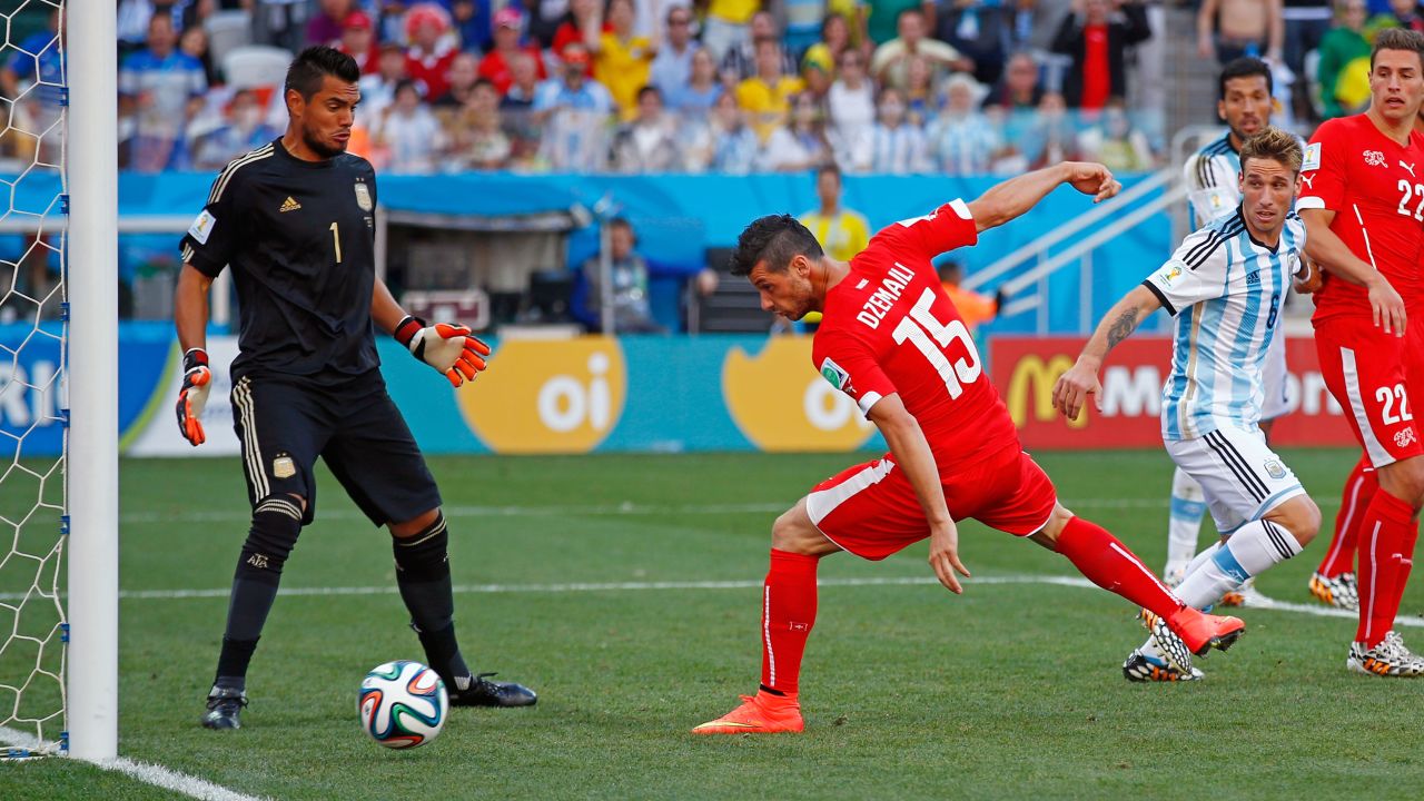 Blerim Dzemaili of Switzerland heads the ball off the post late in extra time.