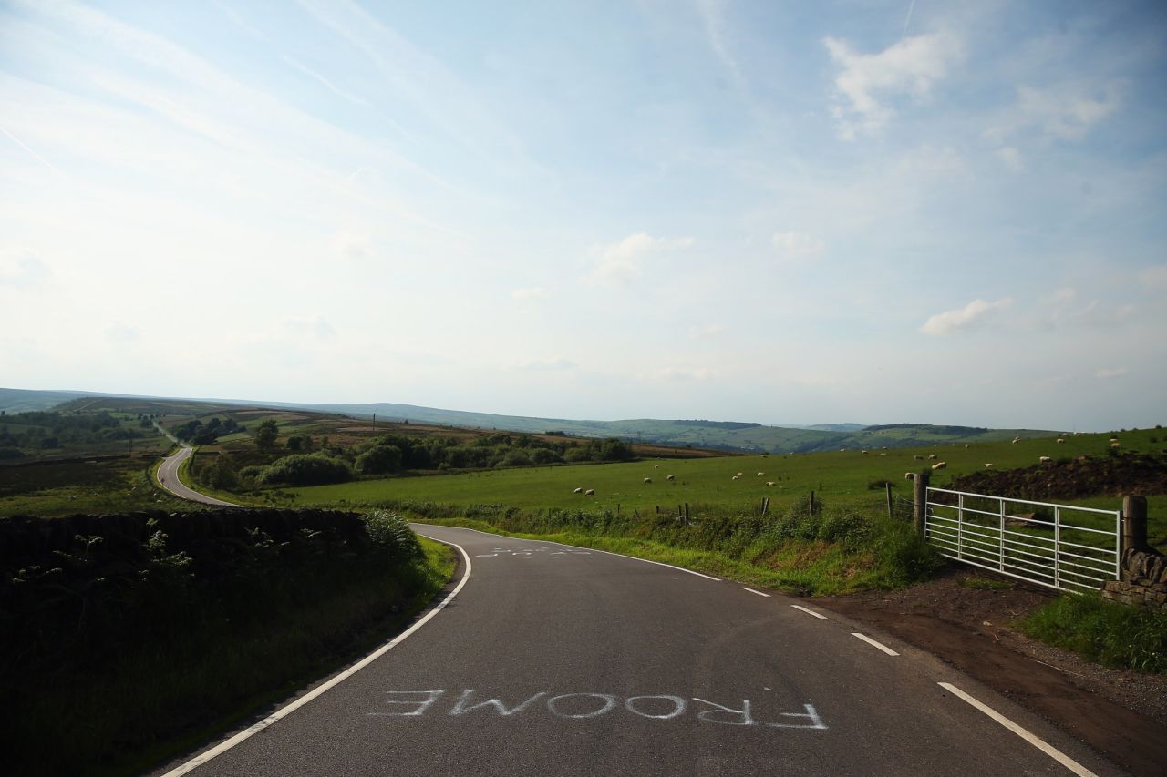 2013 Tour de France winner Froome's name is painted on the road mimicking a stop sign as Yorkshire prepares itself to be a site in the Tour de France's Grand Depart. 