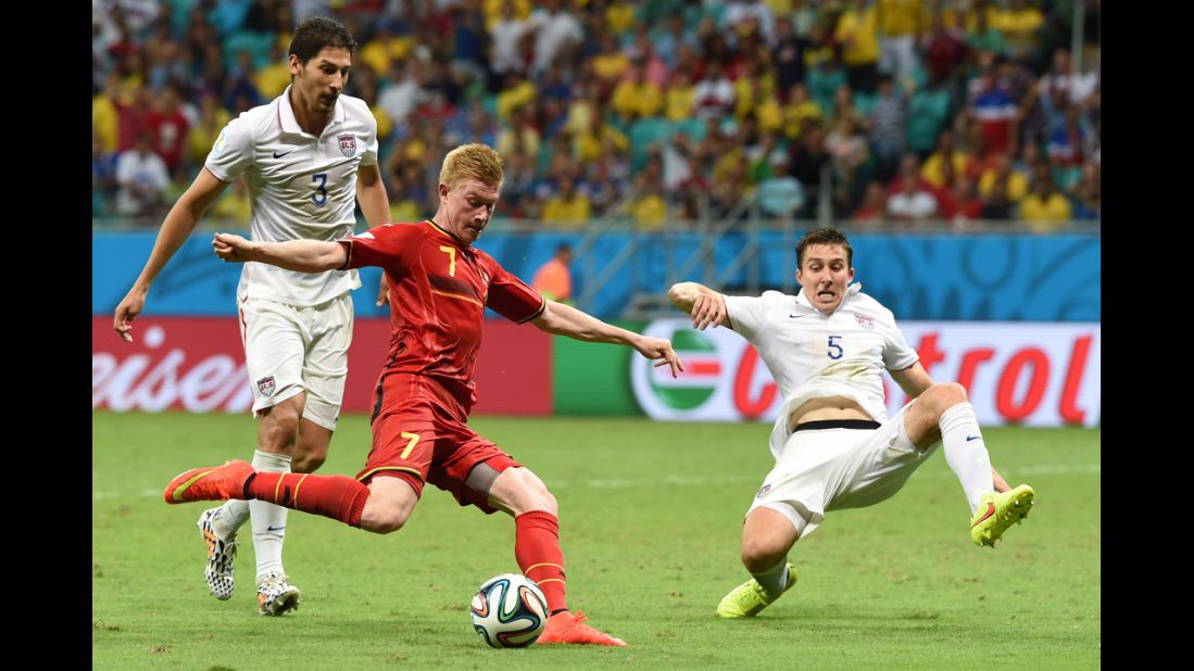 Belgian midfielder Kevin De Bruyne scores the first goal of the match.