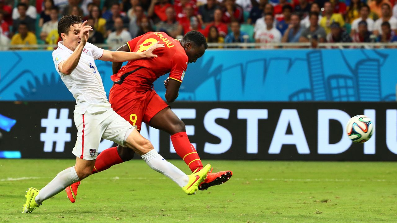 Belgian striker Romelu Lukaku scores his team's second goal in extra time. The game was scoreless after regulation.