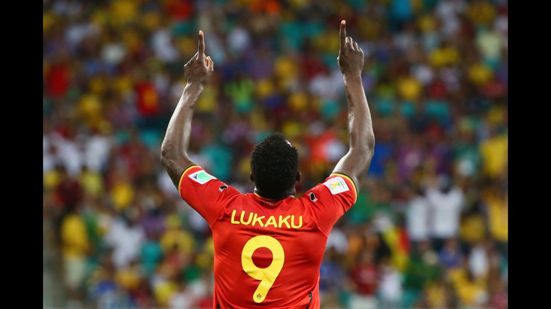 Romelu Lukaku of Belgium celebrates scoring his team's second goal.