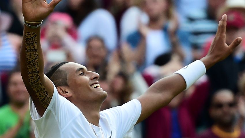 Australia's Nick Kyrgios celebrates winning his men's singles fourth round match against Spain's Rafael Nadal.