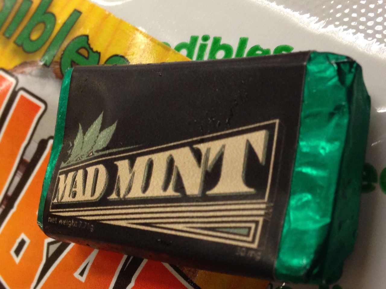 30 mg THC in this 'Mad Mint' candy. It's about the size of one Hershey mini candy bars. Each little bar has 3 doses of marijuana.