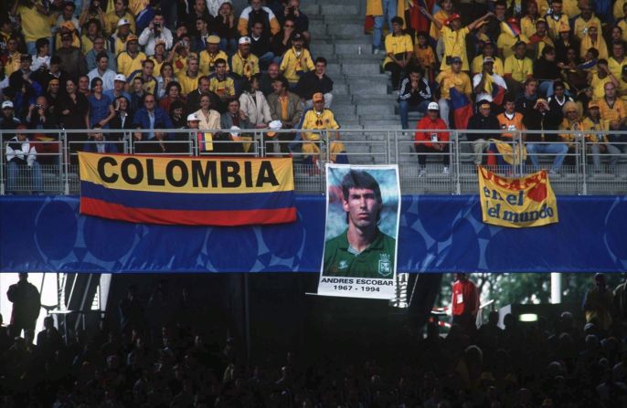 Escobar's death was linked to drug lords who had suffered big gambling losses due to Colombia's exit at the group stage but nothing was ever proven. He has been remembered by the country's fans ever since, like here, at the 1998 World Cup in France.