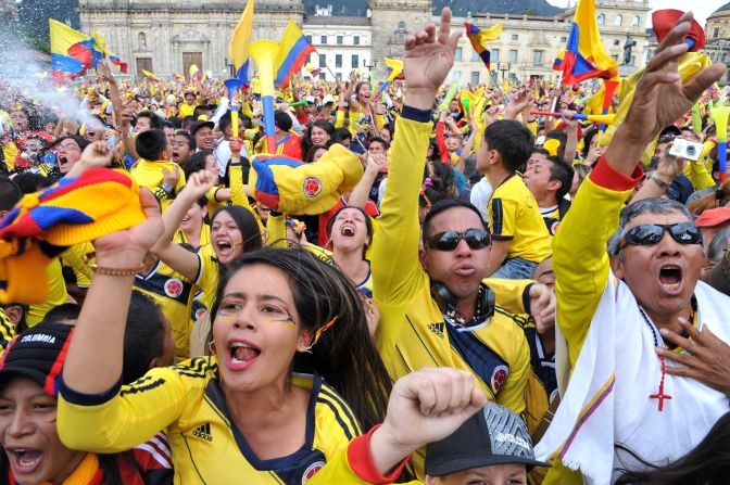 Colombian fans in Bogota burst into celebration as Rodriguez scores arguably the best goal of the tournament against Uruguay. 