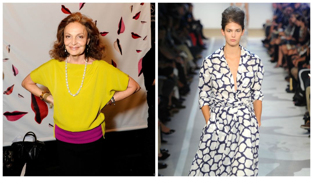 Belgian-born American designer Diane Von Furstenberg (left) is perhaps best known for her wrap dress, first launched in the 1970s. Celebrated for its democratic fit, accommodating almost any age or size, the wrap dress is still widely worn by women today, and various versions appear in the exhibition. 