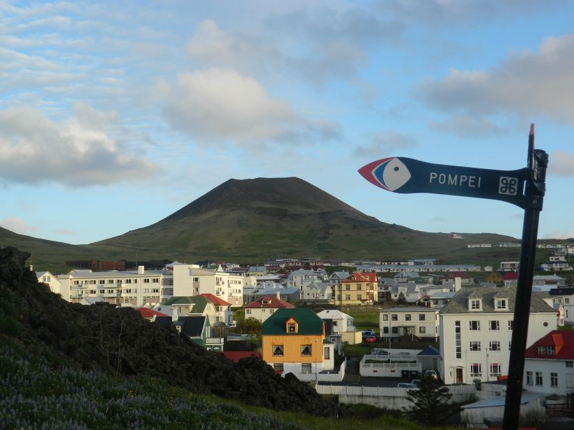 A sign reading "Pompei" points the way to an area destroyed by volcanic eruption on Iceland's Heimaey Island in 1973. The eruption left one person dead and prompted the evacuation of dozens of families.