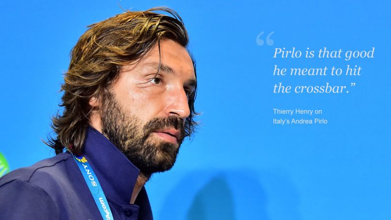 Balotelli's Italy teammate Andrea Pirlo is something of a cultural icon.<br /><br />Women want him, men want to be him, with every sublime swing of the midfielder's boot sending shockwaves of adoration throughout social media.<br /><br />The Juventus playmaker is also a master of taking free-kicks and when he sent a sumptuous long-distance shot crashing into the England crossbar in a Group D match, the football world produced a collective gasp.<br /><br />Such is his mastery of a deadball, French World Cup winner Thierry Henry proclaimed that Pirlo had intended to hit the frame of the goal, rather than find the back of England goalkeeper Joe Hart's net.