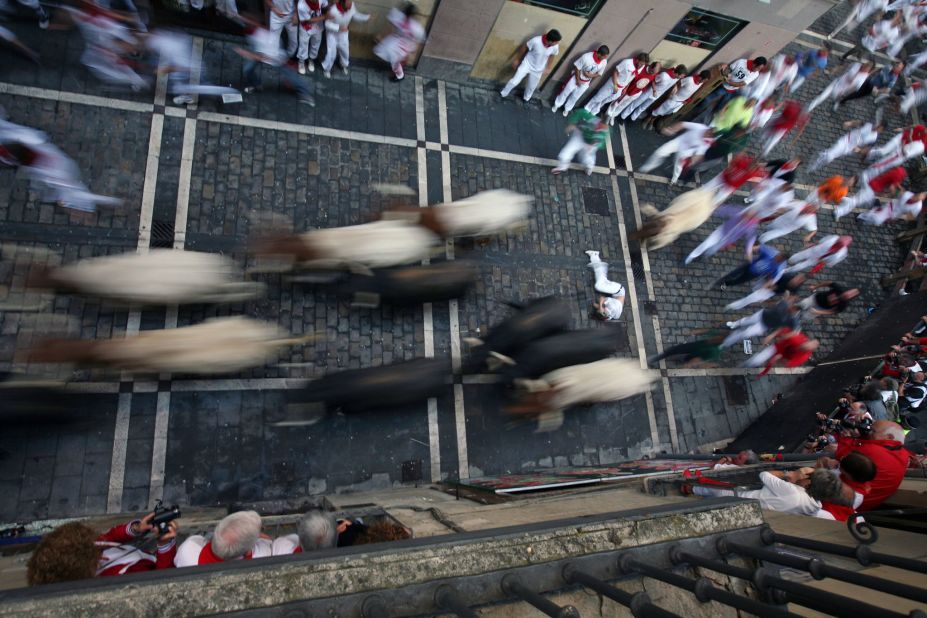The excitement of the eight-day Running of the Bulls is captured in this image from July 2009.