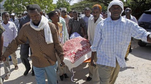 Somali members of parliament and well wishers carry the body of their fellow legislator Mohamed Mohamud Hayd, prior to his burial, in Mogadishu, Somalia.