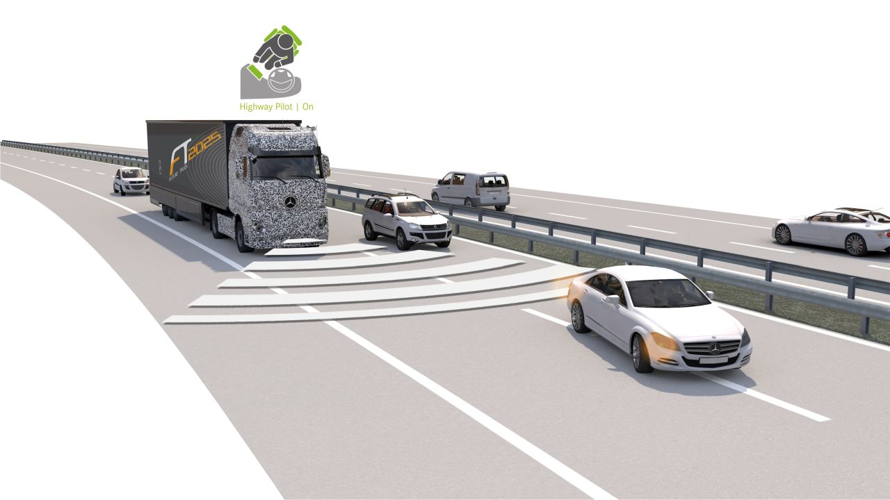 Mercedes' truck of the future should automatically keep its distance from other vehicles but not pass them automatically.