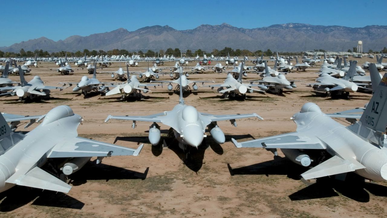 F-16 Fighting Falcons are parked at the Aerospace Maintenance and Regeneration Center in Tucson, Arizona, on December 11, 2004. General Dynamics (which was later sold to Lockheed) delivered the U.S. Air Force its first F-16As in 1979. More than 4,500 of the fighters have been built, and they are used by more than 20 nations in addition to the United States.