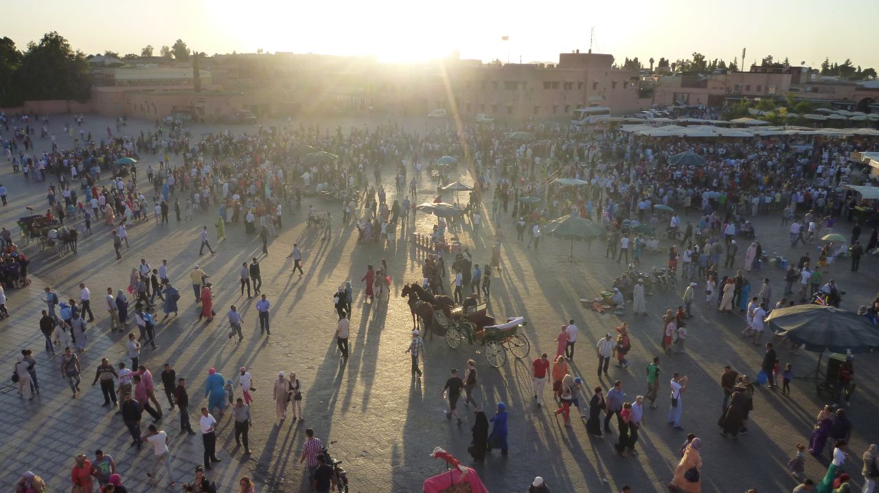 The central square in Morocco, Jemaa el-Fna is a teeming expanse of vendors, medicine men and people plying ancient entertainments such as acrobatics and snake charming.