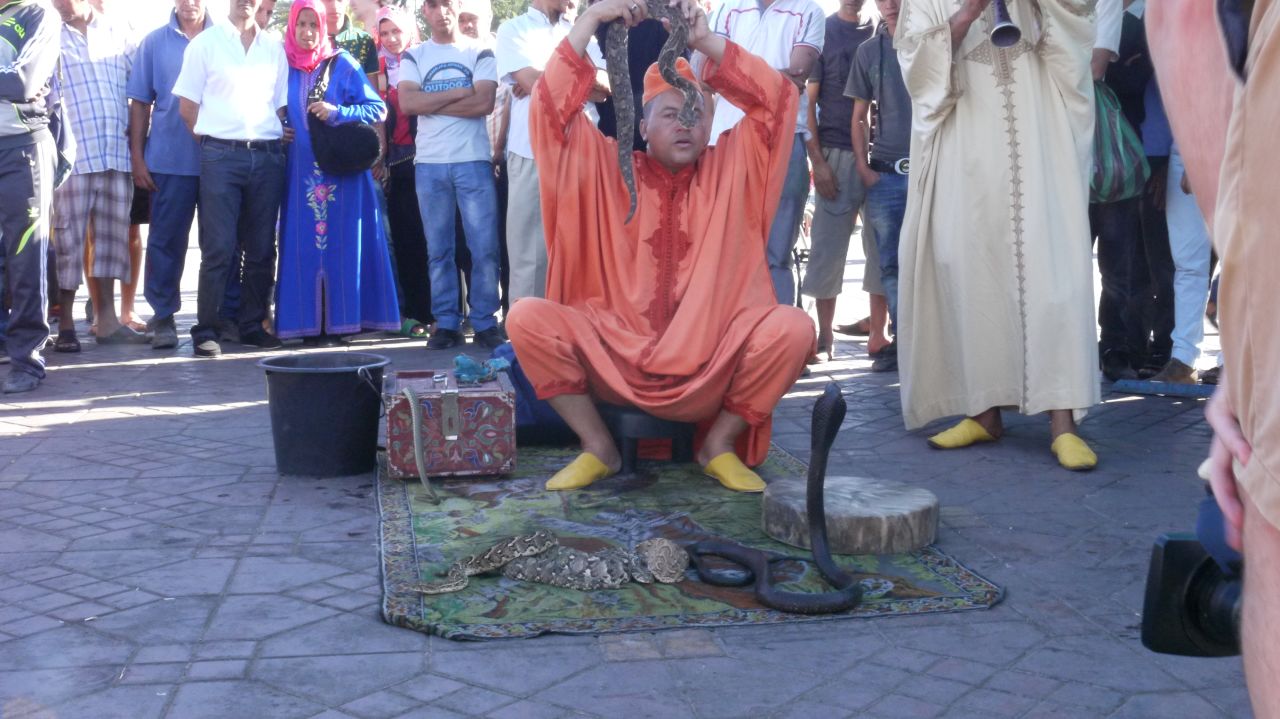 Another familiar sight in Jemaa el-Fna are snake charmers, who play rhaita flutes to mesmerize their captive cobras.