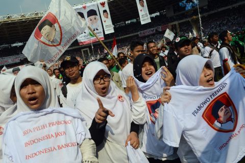 Members of an Islamic party supporting presidential candidate Prabowo Subianto attend a campaign rally in Jakarta on June 22. For his supporters, Prabowo has the qualities of a firm and decisive leader.