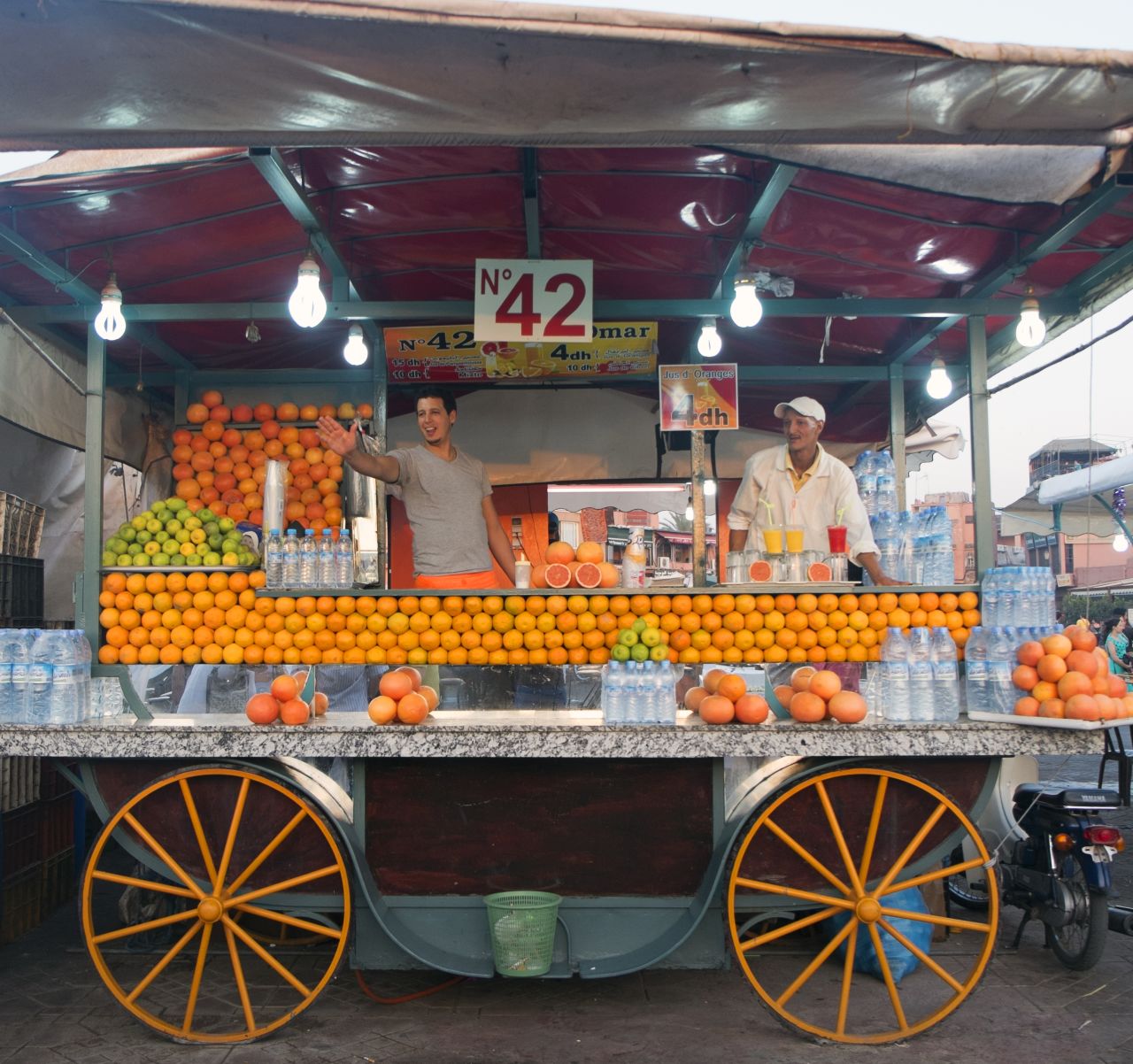 Jemaa el-Fna is a traditional haunt for food and drink vendors. Many carts sell freshly squeezed orange juice.