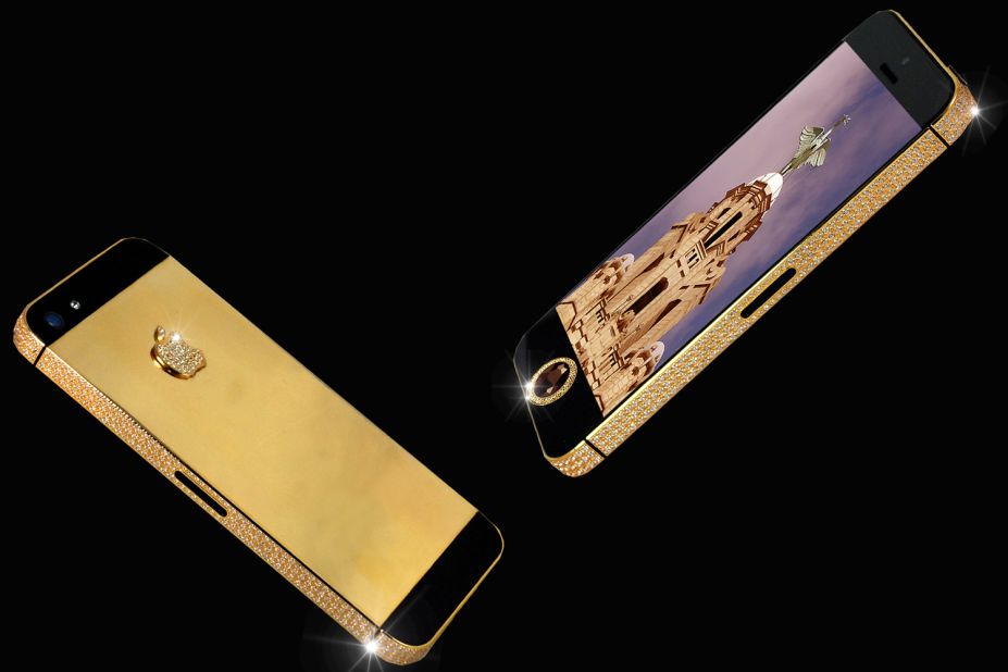 The world's most expensive iPhone, customized by luxury designer <a href="http://stuarthughes.com/newdawn/product_info.php?products_id=116" target="_blank" target="_blank">Stuart Hughes</a>, is made out of 24-karat gold and encrusted with 600 flawless diamonds. For less than $17 million, the iPhone 5 Black Diamond can be yours.