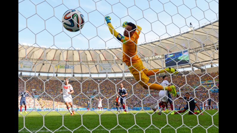 The ball flies by French goalkeeper Hugo Lloris after a header by Germany's Mats Hummels opened the scoring in their World Cup quarterfinal July 4 in Rio de Janeiro. It was the only goal in the match as Germany won to advance to the semifinals.