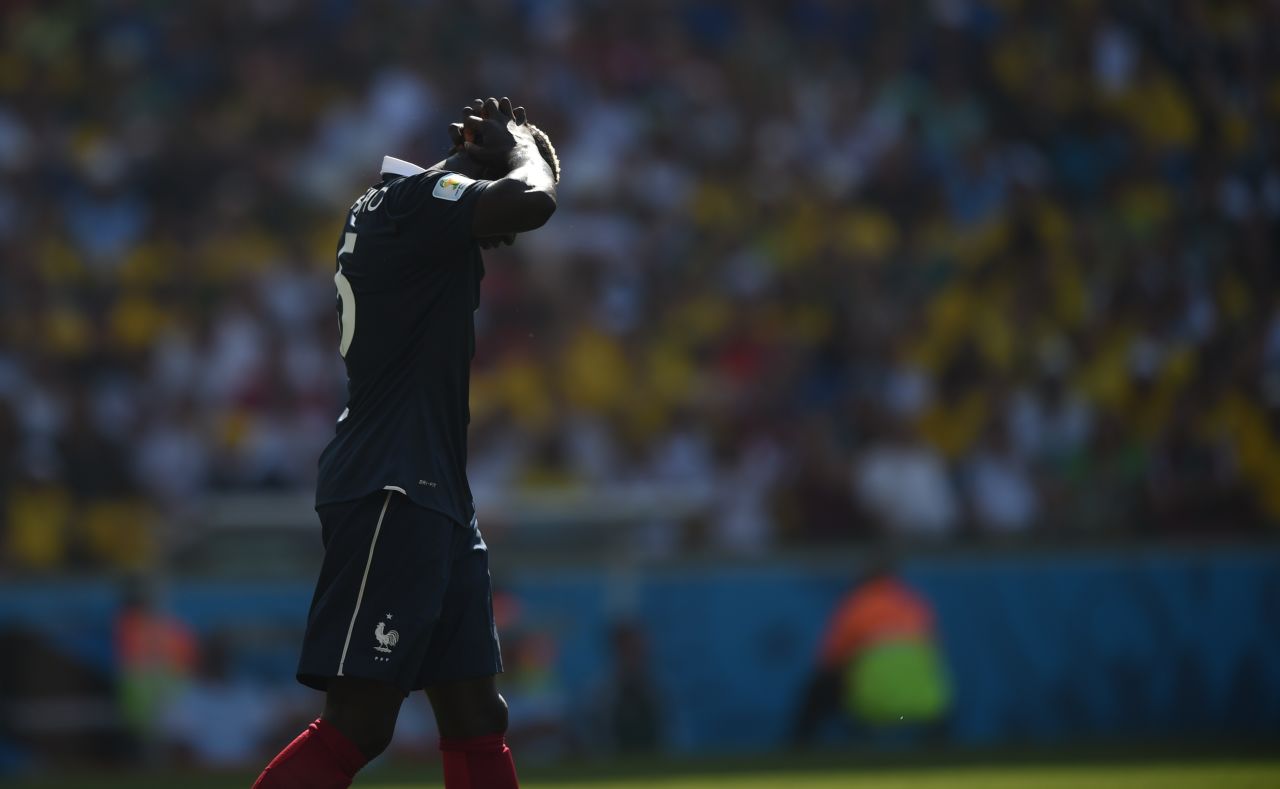 French defender Mamadou Sakho reacts after his team missed a shot on goal.