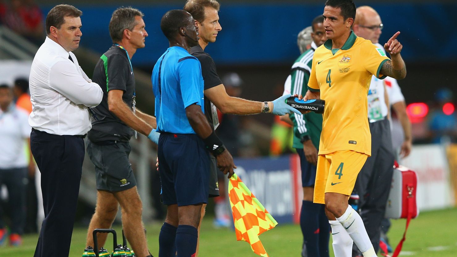 Australia's Tim Cahill appeals to the linesman after a disallowed goal during the Group B match between Chile and Australia at Arena Pantanal on June 13, 2014 in Cuiaba, Brazil. 