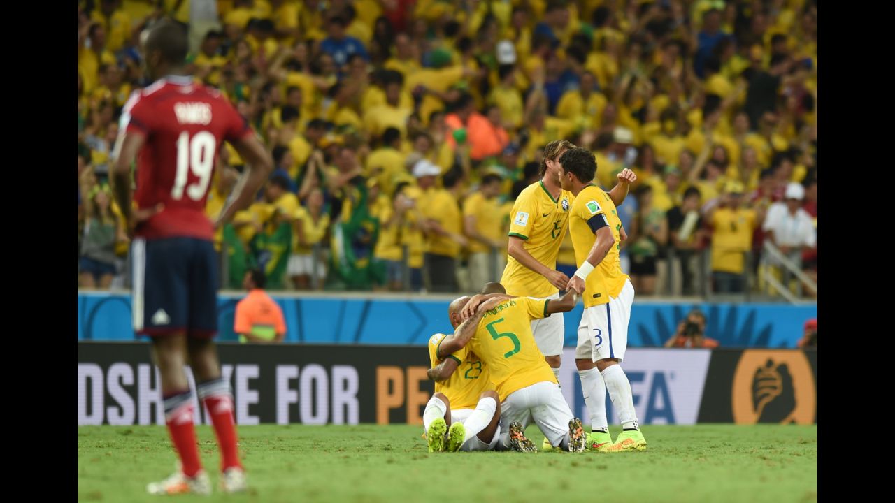 Brazil's players celebrate after winning the quarter-final football match between Brazil and Colombia on Friday, July 4. Brazil won the match 2-1 and advanced to the semifinals of the tournament.