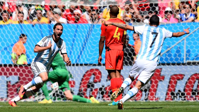 Gonzalo Higuain of Argentina, left, celebrates his goal against Belgium in a World Cup quarterfinal match Saturday, July 5, in Brasilia, Brazil. It was the only goal of the match.