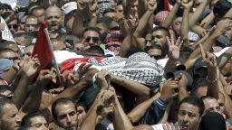 :Relatives and friends of Mohammed Abu Khedair carry his body to the mosque during his funeral on July 4, 2014.