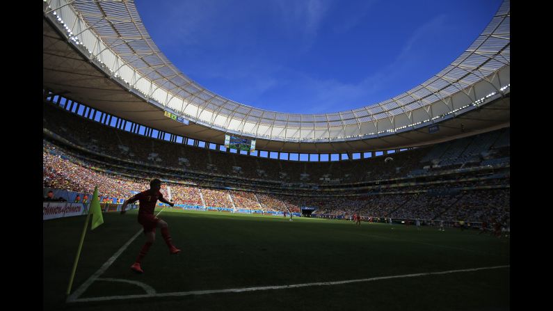 Belgium midfielder Kevin De Bruyne takes a corner. 