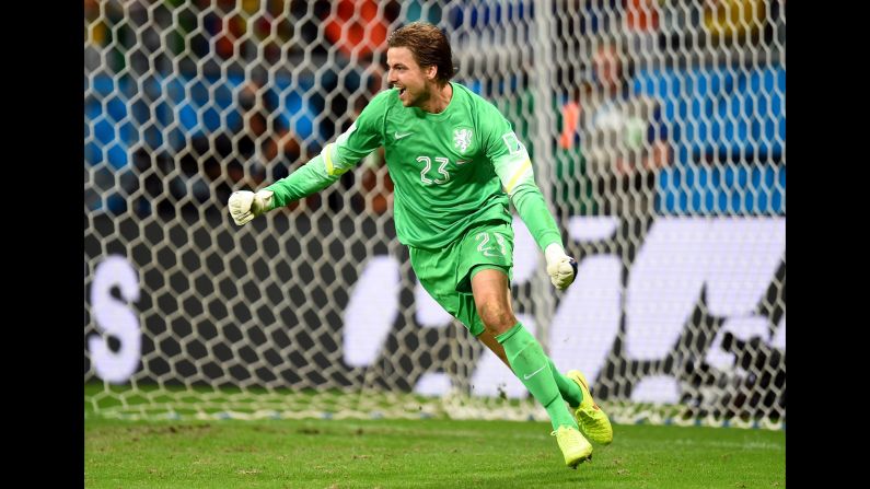 Goalkeeper Tim Krul of the Netherlands celebrates after making a save on a penalty kick by Michael Umana of Costa Rica.