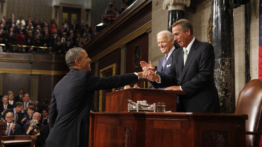 President Barack Obama greets Speaker John Boehner during his 2014 State of the Union address.