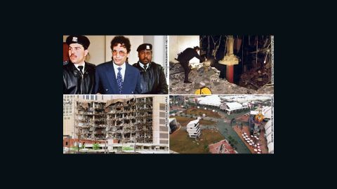 Clockwise from top left: Convicted Lockerbie bomber Abdel Baset Ali Mohmed al Megrahi (1992), World Trade Center garage (1993), Atlanta Centennial Olympic Park (1996), Federal Building in Oklahoma City (1995).