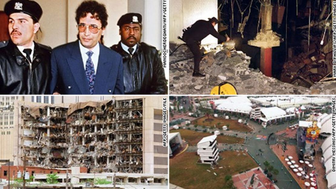 Clockwise from top left: Convicted Lockerbie bomber Abdel Baset Ali Mohmed al Megrahi (1992), World Trade Center garage (1993), Atlanta Centennial Olympic Park (1996), Federal Building in Oklahoma City (1995).