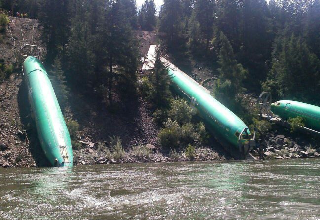 Three Boeing 737 fuselages slid down a steep embankment into the Clark Fork River following a train derailment in western Montana on Thursday, July 3. 