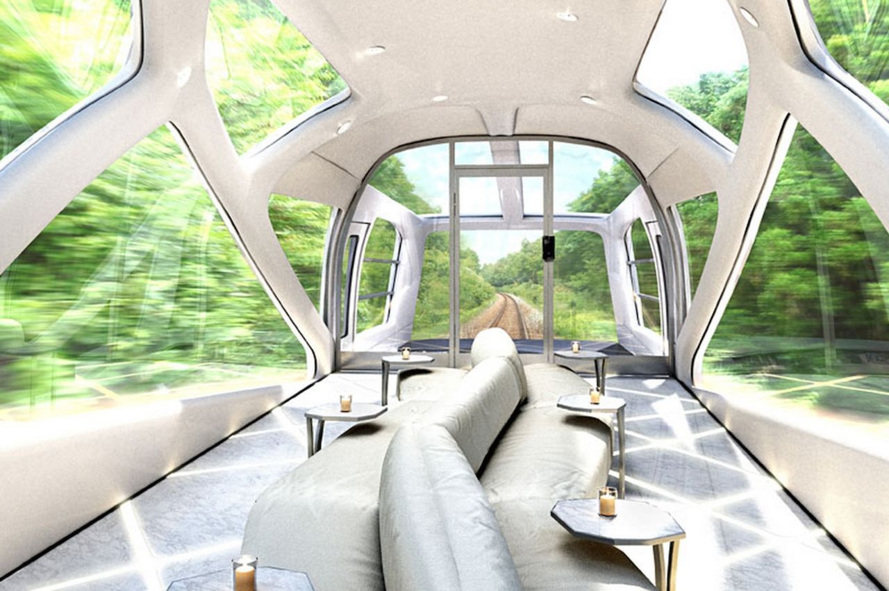 Observation carriages are located in the front and the back of the super-luxury train. 