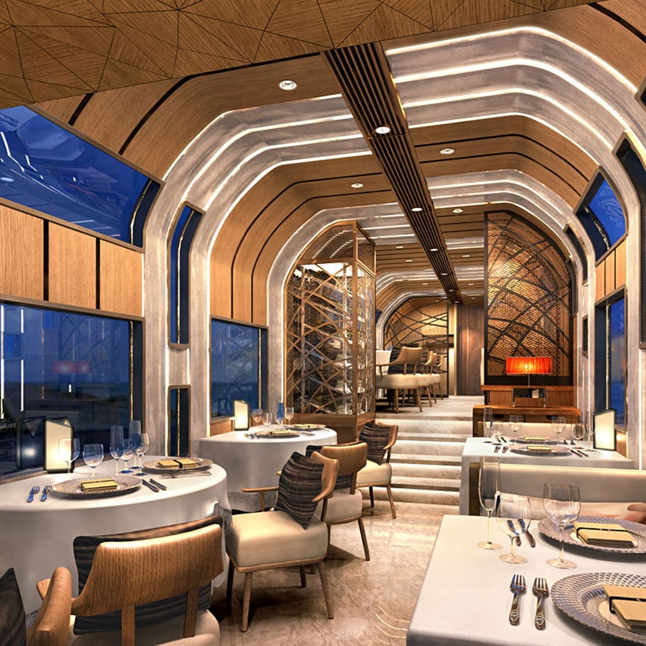 The Cruise Train's 10 carriages include five suites, one deluxe suite, two glass-walled observation cars, a dining car and lounge. 