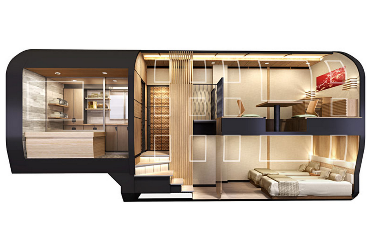 All suites will have a private bathroom with a shower and toilet but the top sleeping space is the deluxe suite. On the bottom are two beds, on the top a traditional Japanese dining area.