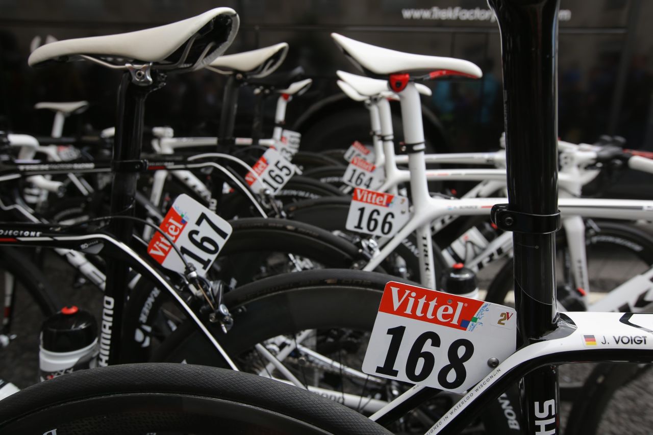 The bikes of team Trek Factory Racing stand ready for the first stage of the tour. German racer Jens Voigt's bicycle can be seen with the number 168.