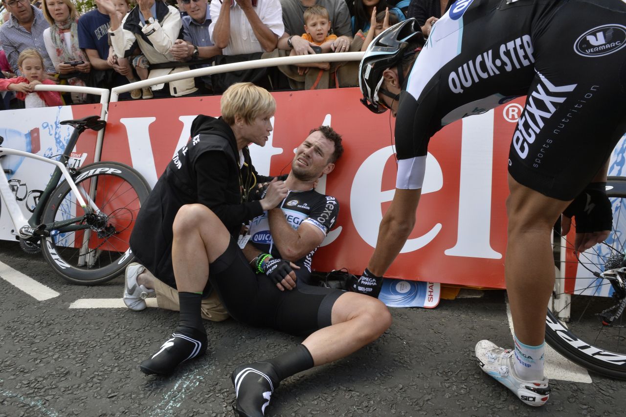Cavendish had a Grand Depart to forget as he receives medical attention for a fall close to the finish line at the end of stage one. 