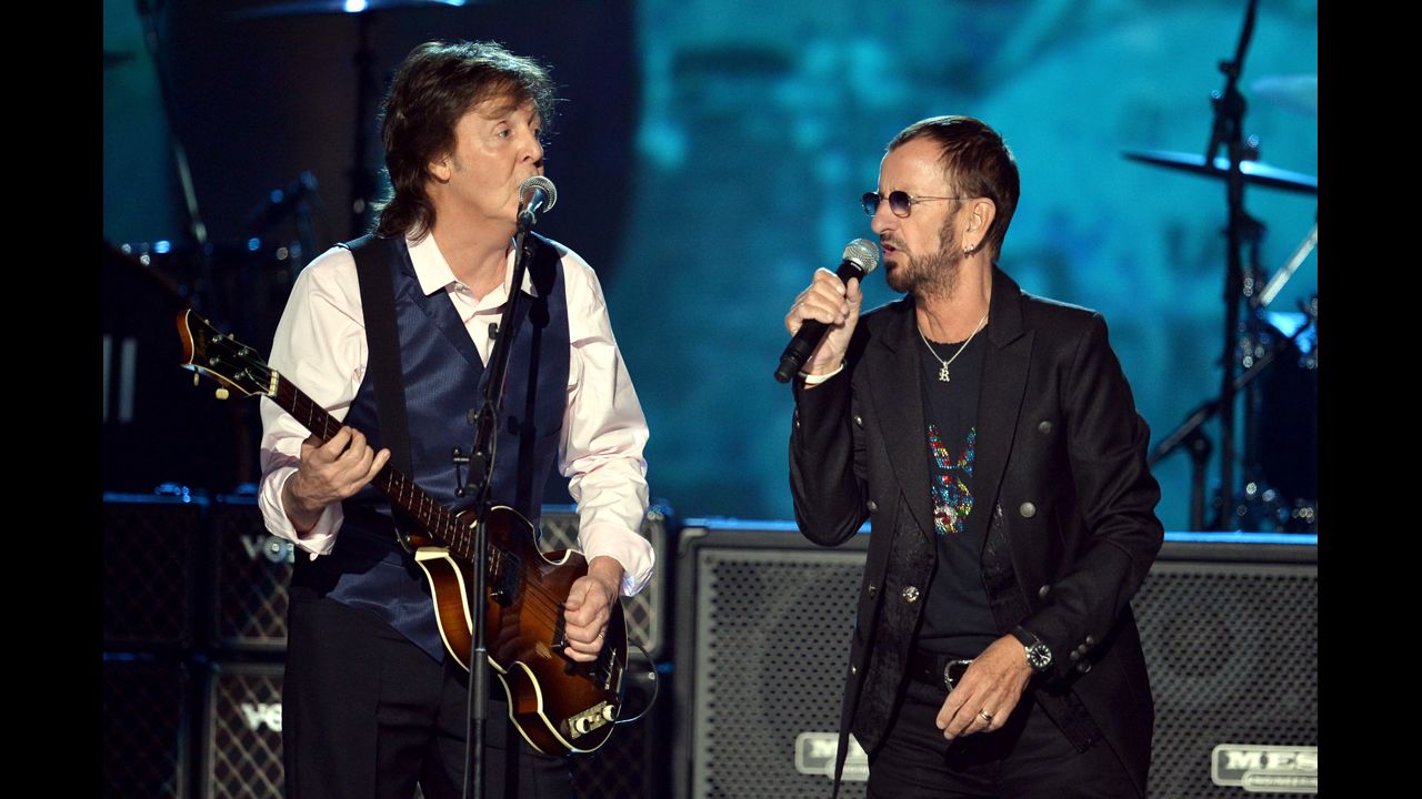  Recording artists Paul McCartney, left, and Ringo Starr perform onstage during "The Night That Changed America: A GRAMMY Salute To The Beatles" at the Los Angeles Convention Center on January 27. 