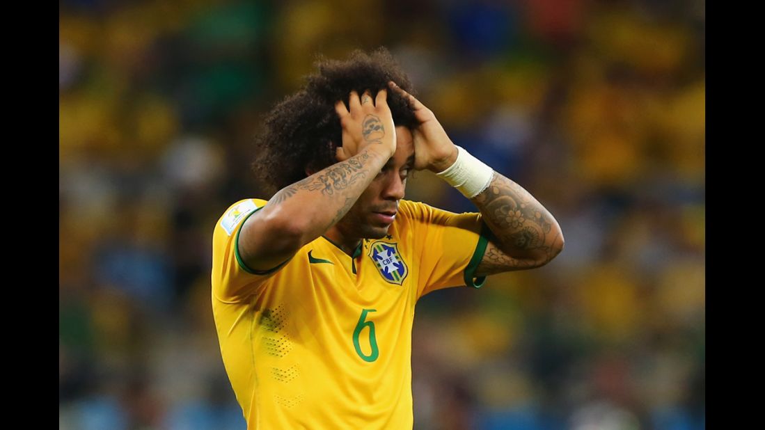 Brazil's Marcelo reacts after a German goal.