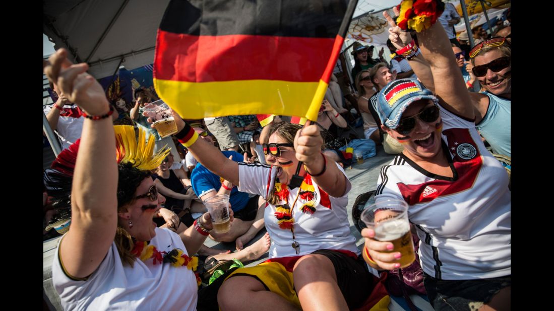 Germany fans celebrate a goal while watching the match in New York.