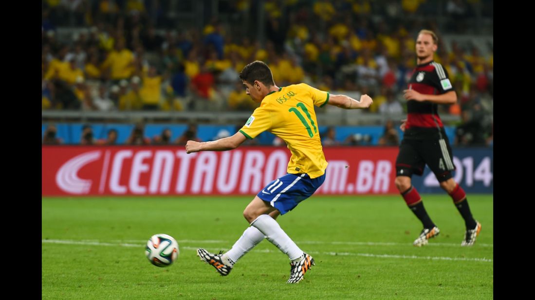 Oscar of Brazil scores a late second-half goal against Germany during a World Cup semifinal match played Tuesday, July 8, in Belo Horizonte, Brazil. But it was no consolation for the home team, which was knocked out of the tournament by a stunning score of 7-1. 