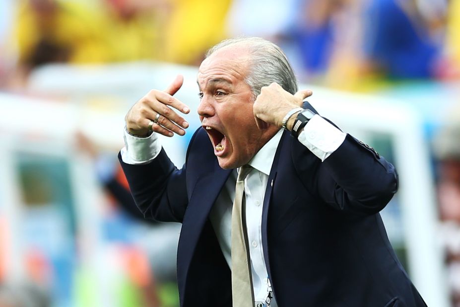 An animated Argentine manager Alejandro Sabella shouts orders to his players during the quarterfinal match against Belgium. Can Sabella lead Argentina to a first final in 24 years?    