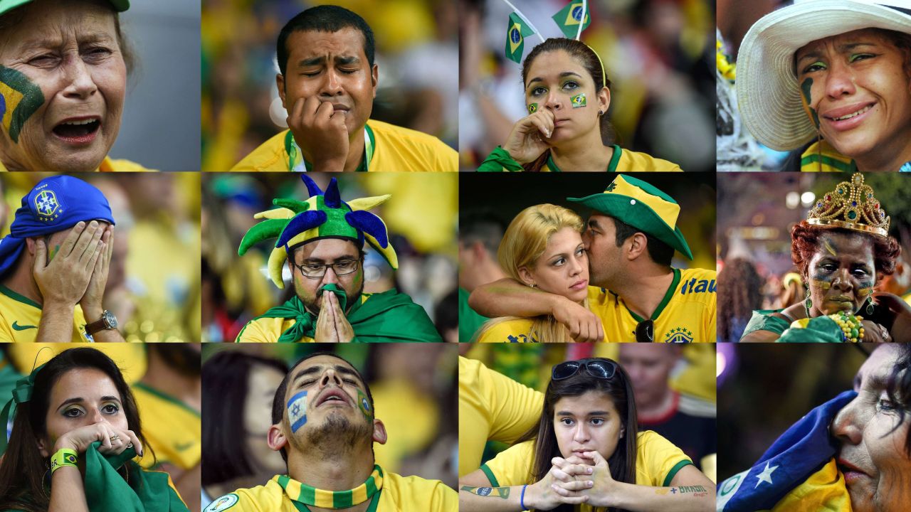 TOPSHOTS 
A combination of pictures taken in Brazil on July 8, 2014 shows Brazilian supporters reacting during the semi-final match between Brazil and Germany. AFP PHOTO/AFP/Getty Images