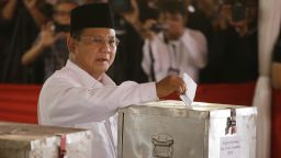 Indonesian presidential candidate Prabowo Subianto casts his ballot during the presidential election at a Bojong Koneng polling station on July 9, 2014.