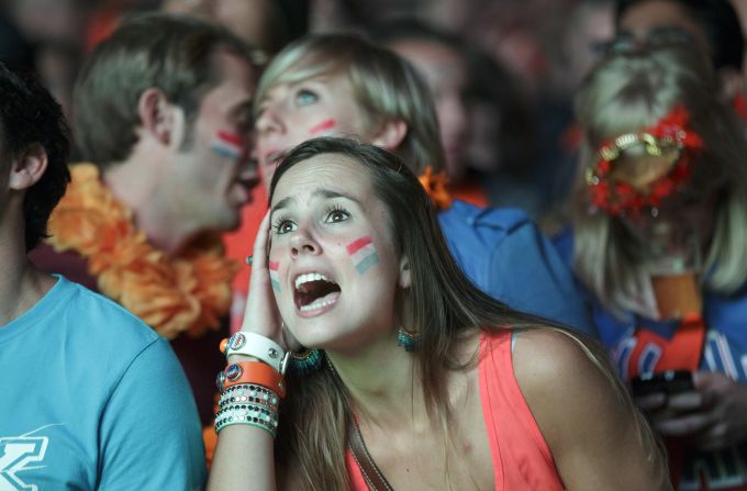 Dutch fans in Eindhoven react while watching the semifinal match.