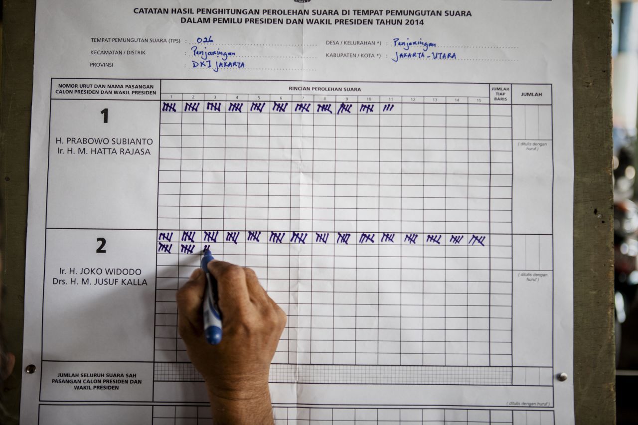 A man tallies the vote count at a Jakarta polling station after the presidential election.